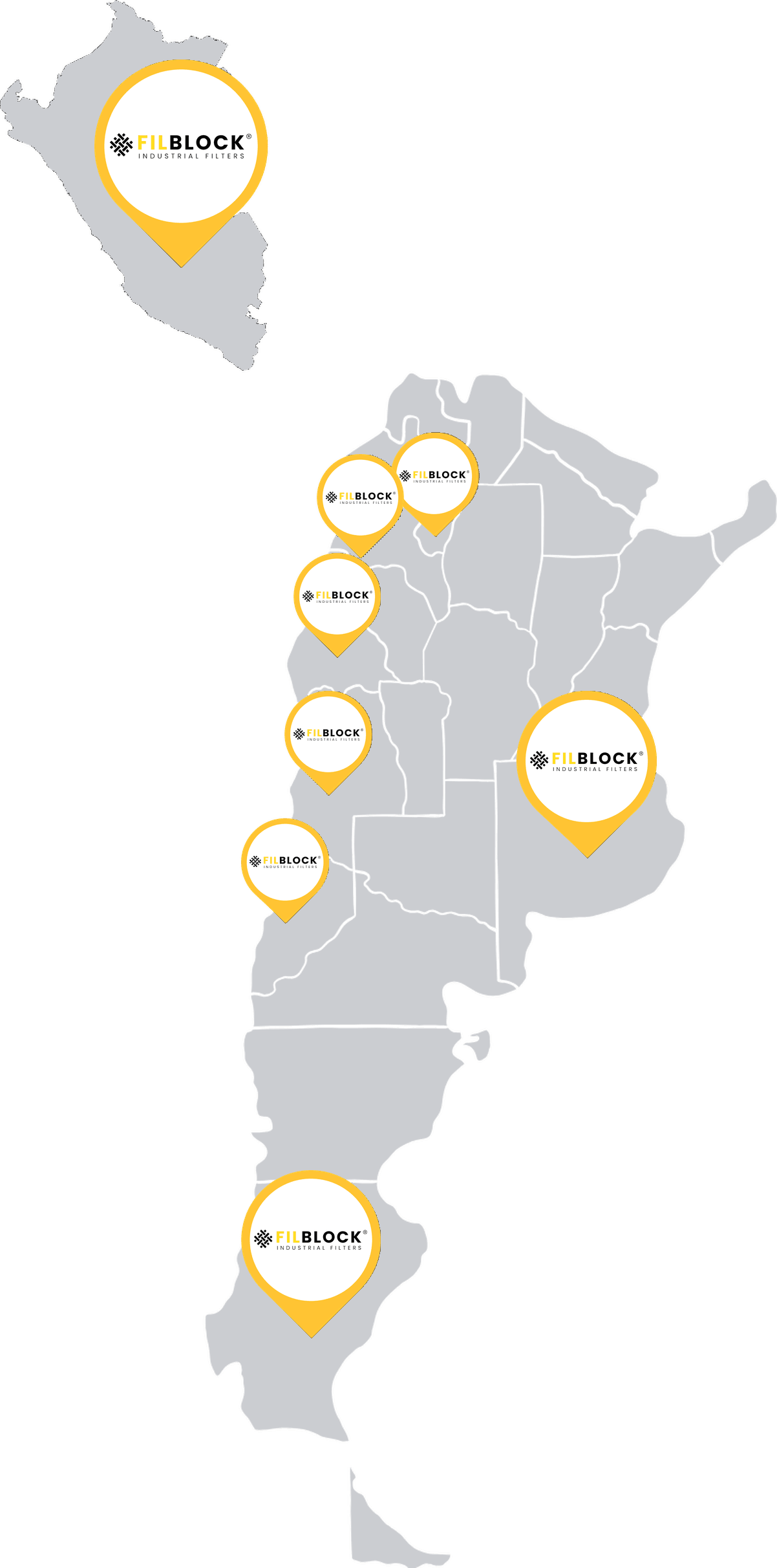 Mapa de cobertura de FILBLOCK en Argentina y Perú
