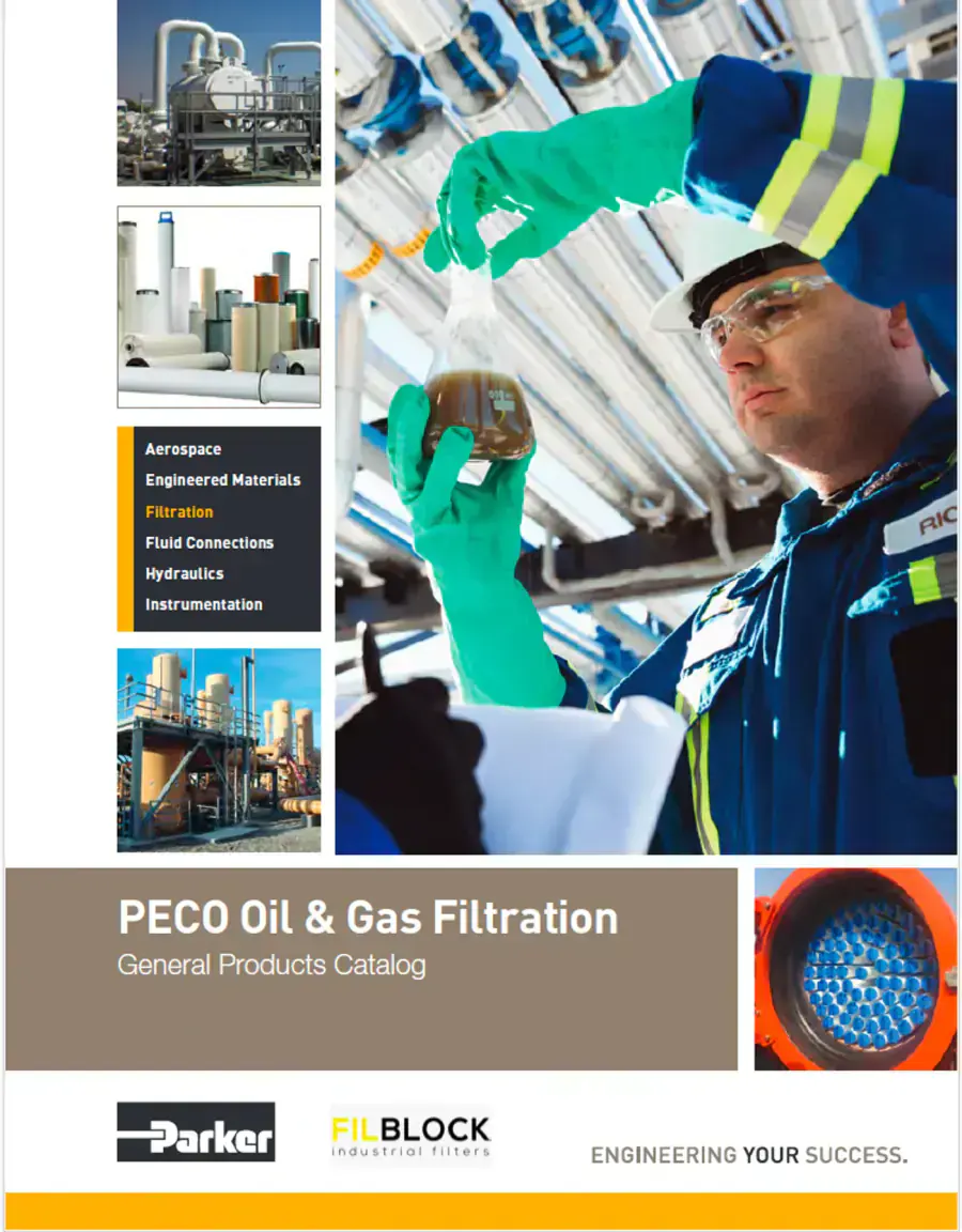 Portada del catálogo general de productos PECO Oil & Gas Filtration